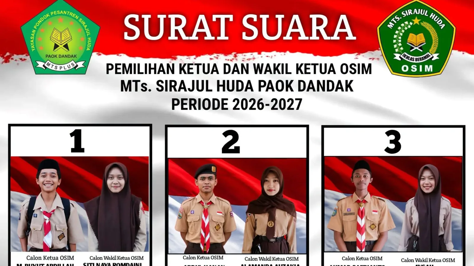 Buyut Abdillah dan Siti Naya Romdaini Terpilih Memimpin OSIM MTs Sirajul Huda Periode 2026–2027